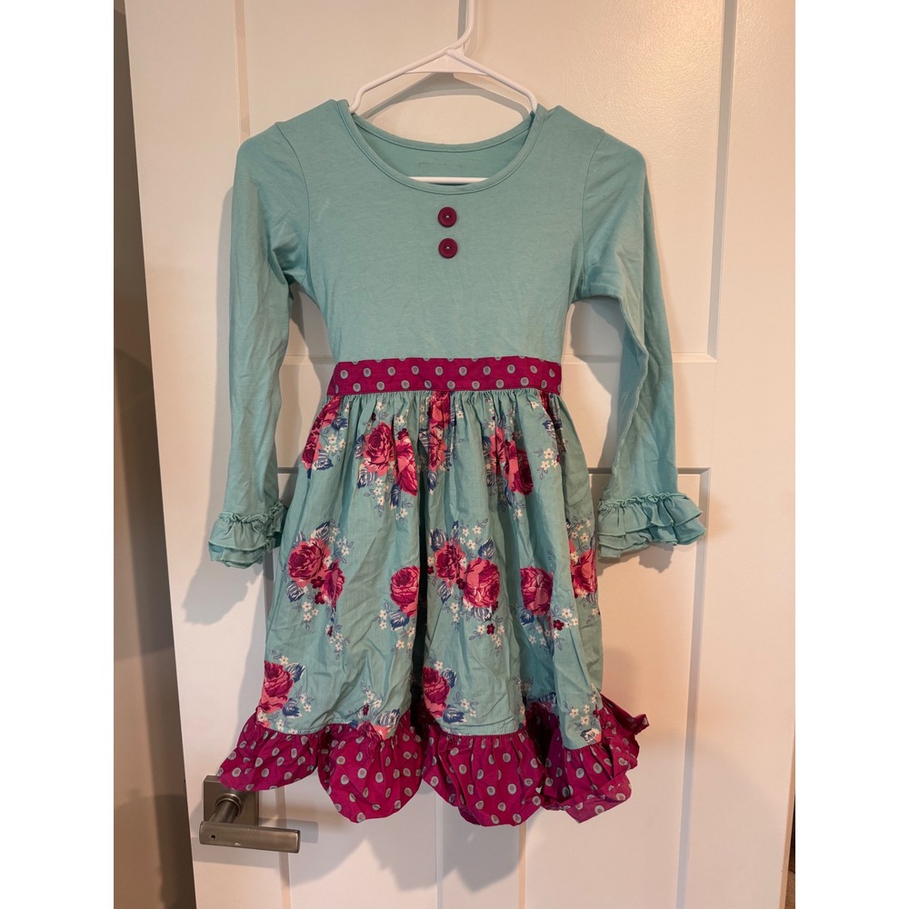 Eleanor Rose Rhonda Dress Girls Size 8-10 Aqua Pink Floral Ruffle Long Sleeve